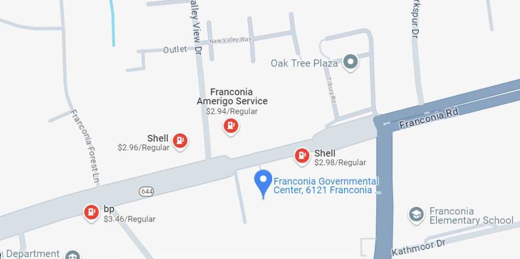 Gas stations near the current Franconia Governmental Center site (via Google Maps) 